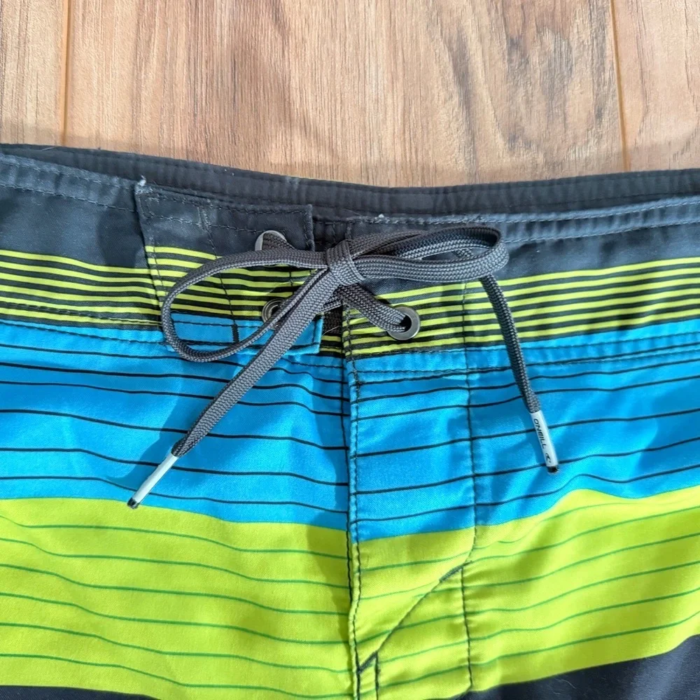 O'Neill Men's Blue and Green Striped Board Shorts Size 38